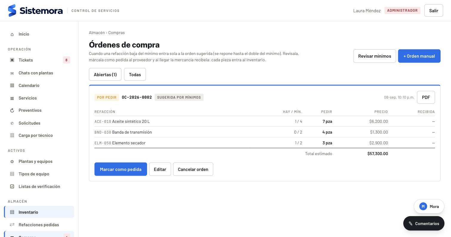 Órdenes de compra sugeridas por mínimos, con proveedor, precios y recepción